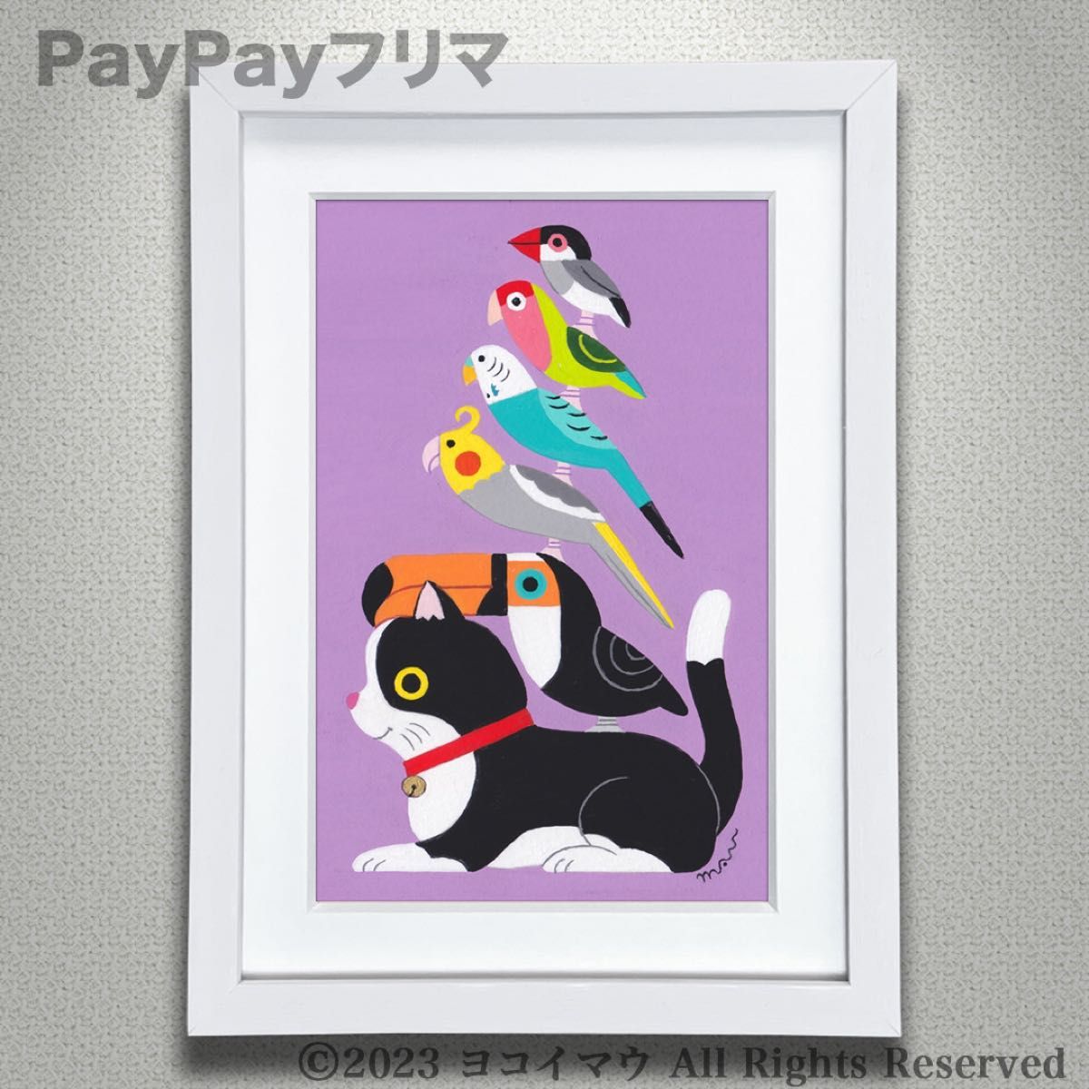 最低価格の 原画 ハチワレ猫 と 小鳥ブレーメン 猫 鳥 文鳥 イラスト アート 絵 絵画