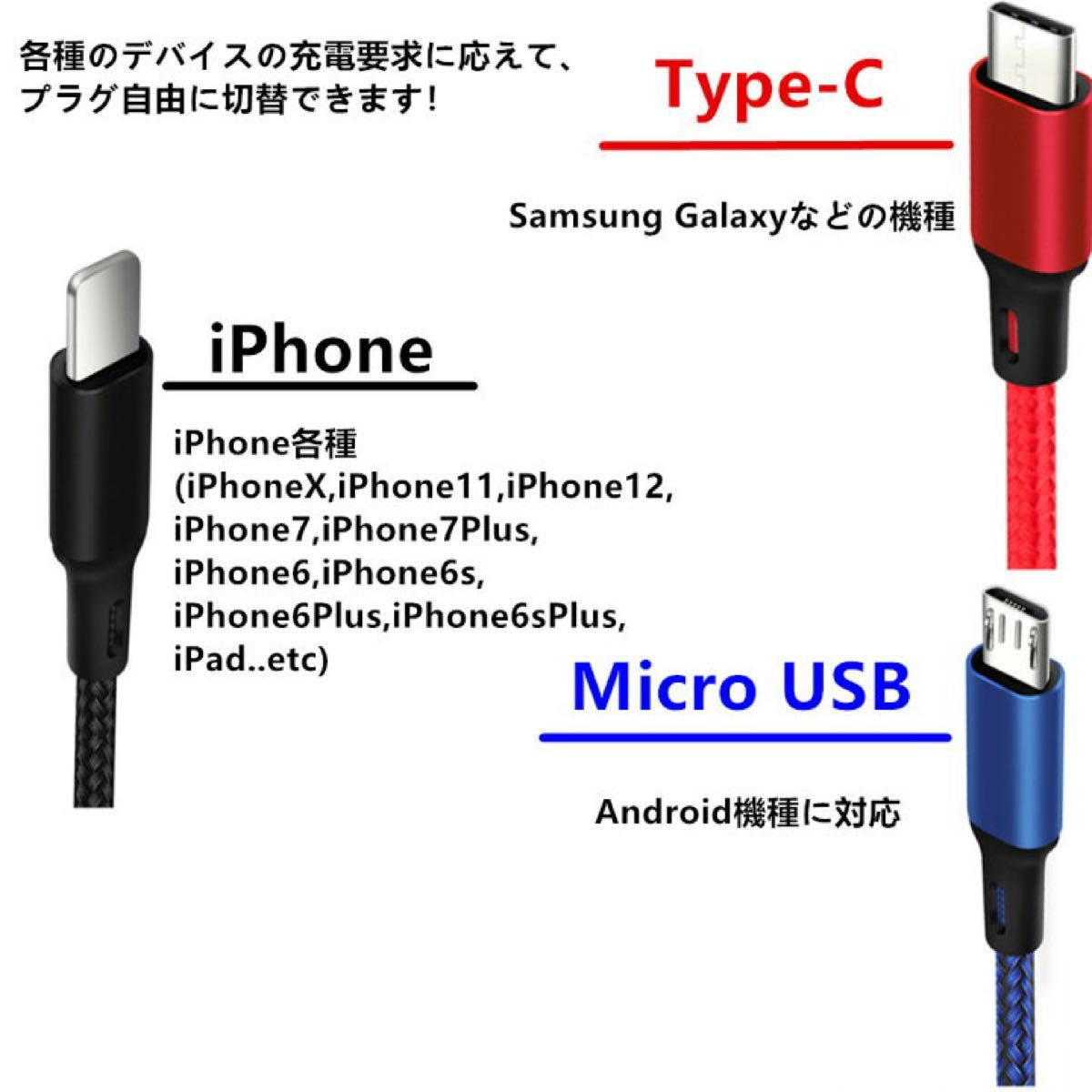 2本セット USBケーブル  充電ケーブル  3in1  iPhone充電ケーブル  USB  急速充電  ブルー