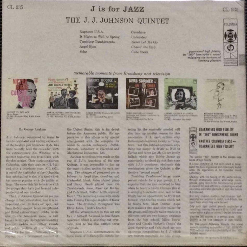 【レコード 】・US オリジナル盤・COLUMBIA ・CL-935・モノラル盤『DG』・J is for JAZZ / THE J.J. JOHNSON QUINTET _画像2