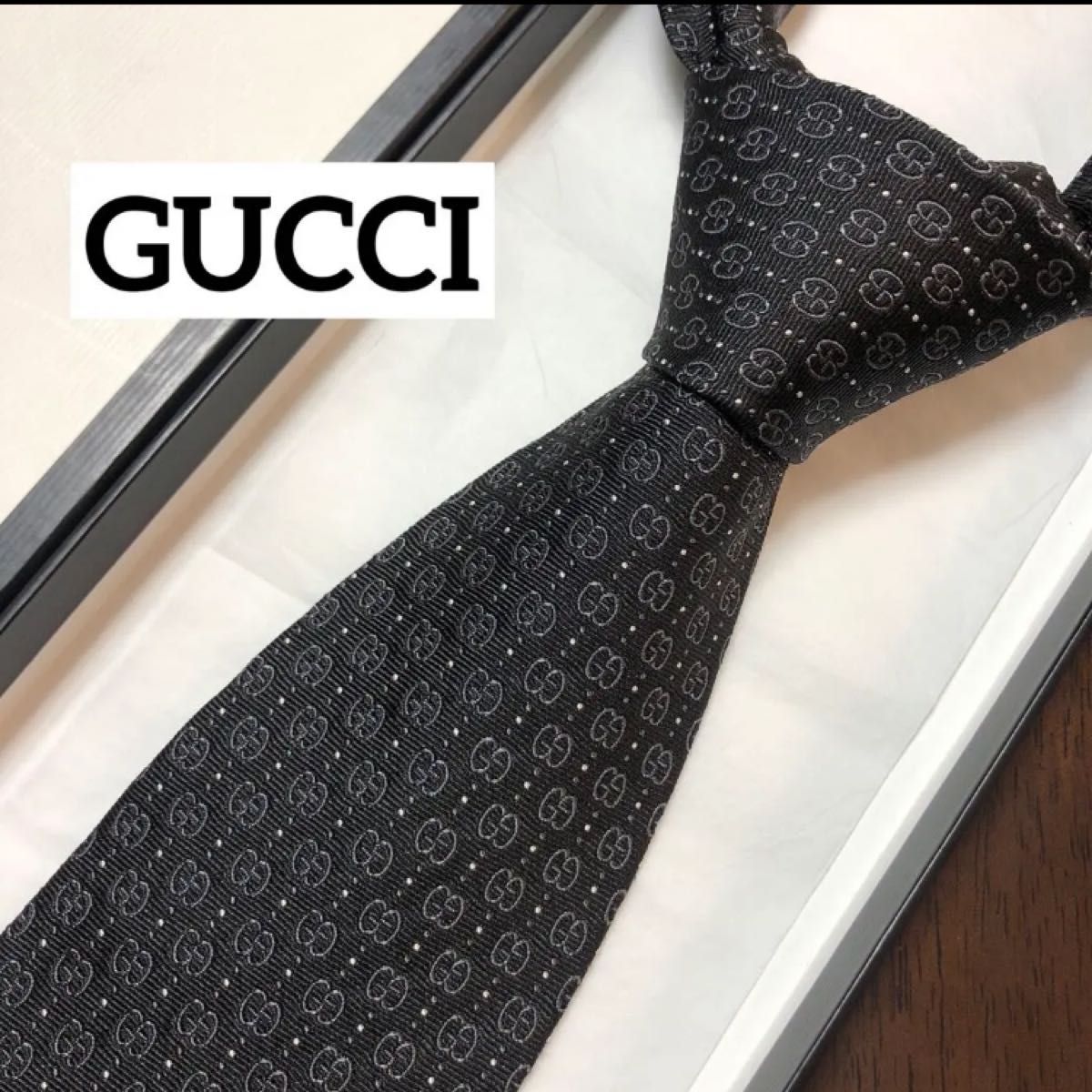 美品 GUCCI グッチ ネクタイ 紺 GG インターロッキングG柄-