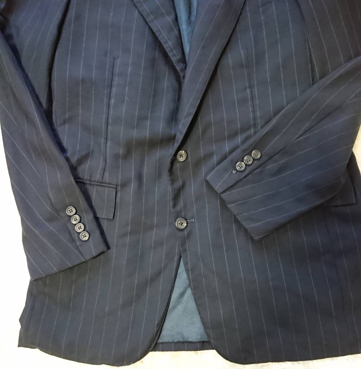 ポロバイラルフローレン 薫るヴィンテージ Polo by Ralph Lauren テーラードジャケット ストライプ ネイビー ウール L相当 米国製_画像9