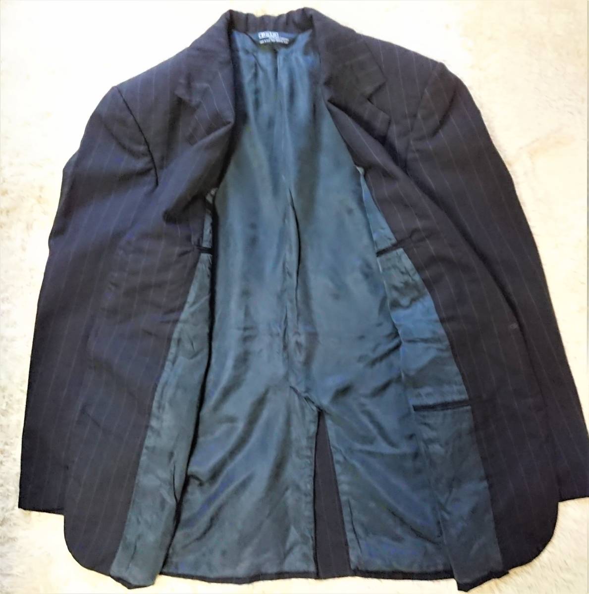 ポロバイラルフローレン 薫るヴィンテージ Polo by Ralph Lauren テーラードジャケット ストライプ ネイビー ウール L相当 米国製_画像3