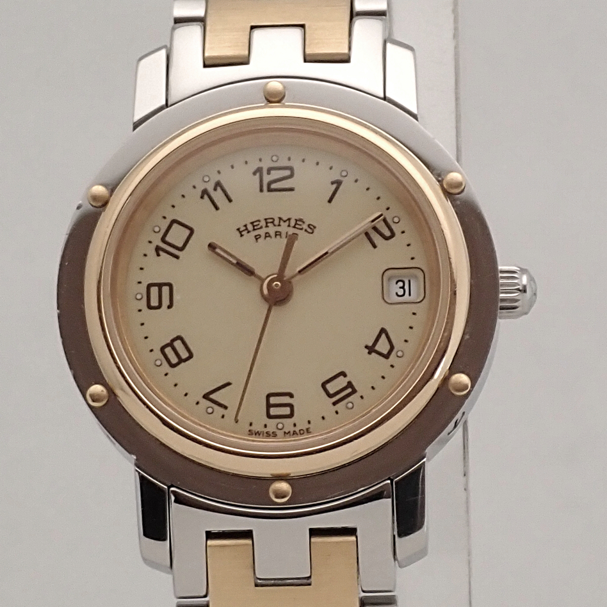 質屋】HERMES エルメス クリッパー CL4.220 アイボリー文字盤xコンビ