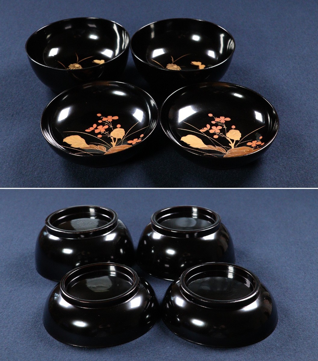 CE1 能登輪島塗 草花蝶金蒔絵黒塗煮物椀 ニ客 細密梨地色蒔絵 煮物吸物汁飯椀 伝統工芸品 木製漆器漆芸 茶懐石道具宴席_画像7