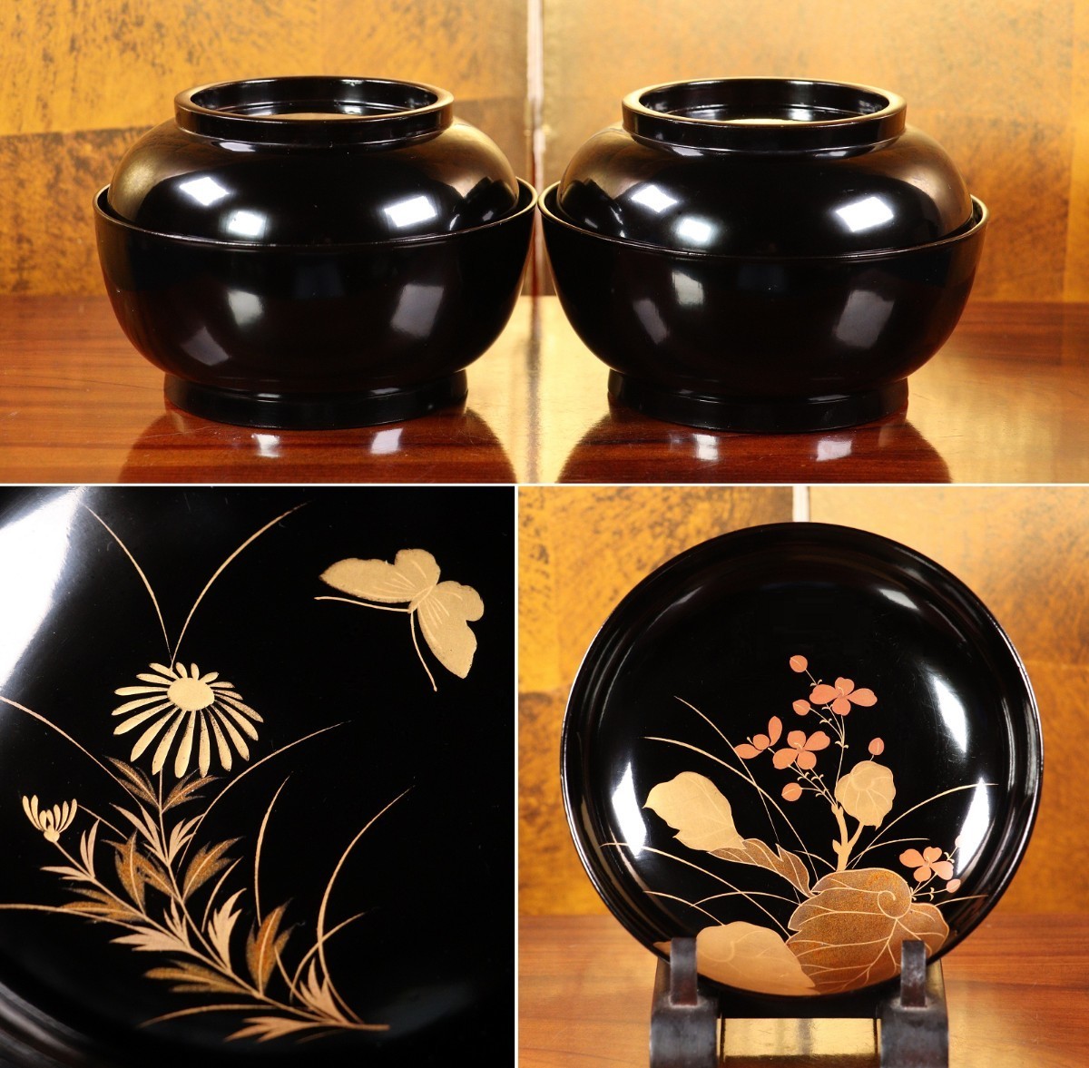 格安即決 能登輪島塗 CE1 草花蝶金蒔絵黒塗煮物椀 茶懐石道具宴席 木製