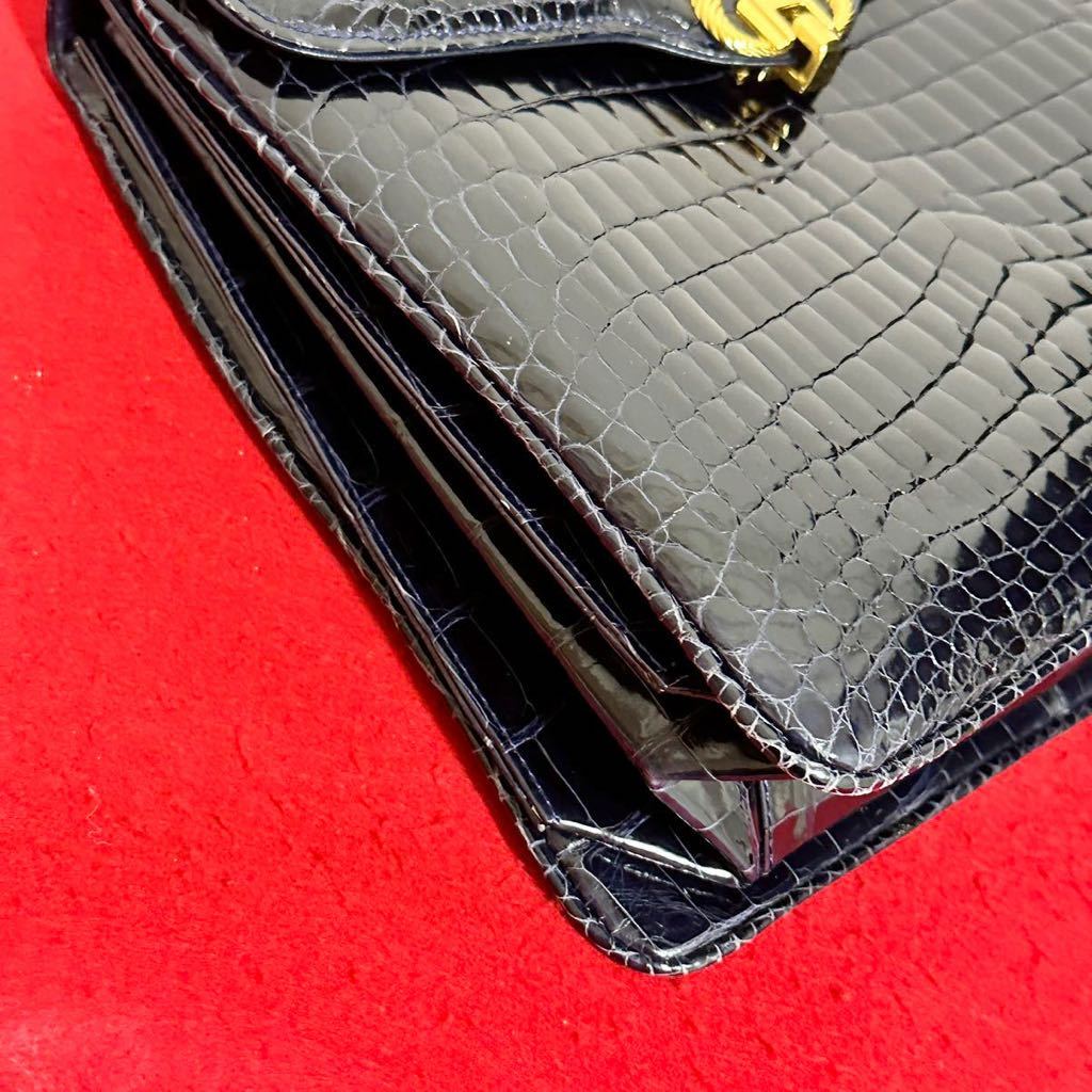 人気カラー★ クロコダイル ハンドバッグ シャイニング加工 センター取り ゴールド金具 crocodile クロコ ネイビーの画像5