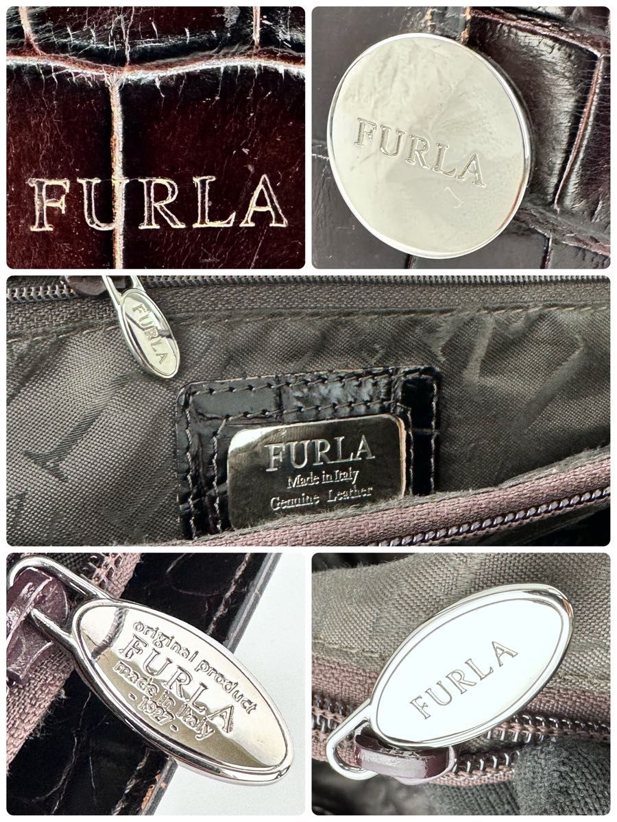 フルラ クロコ型押し ハンドバッグ ダークブラウン ビジネスレザーバッグ 焦茶色 A4 ビジネス FURLA ジェニュインレザー