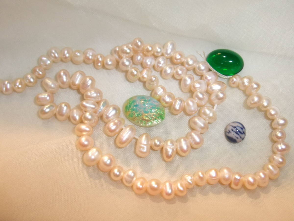 69-4淡水真珠本物パール連材1本B品とオールドグラスパーツビンテージグラスカボッション等セット②_画像1