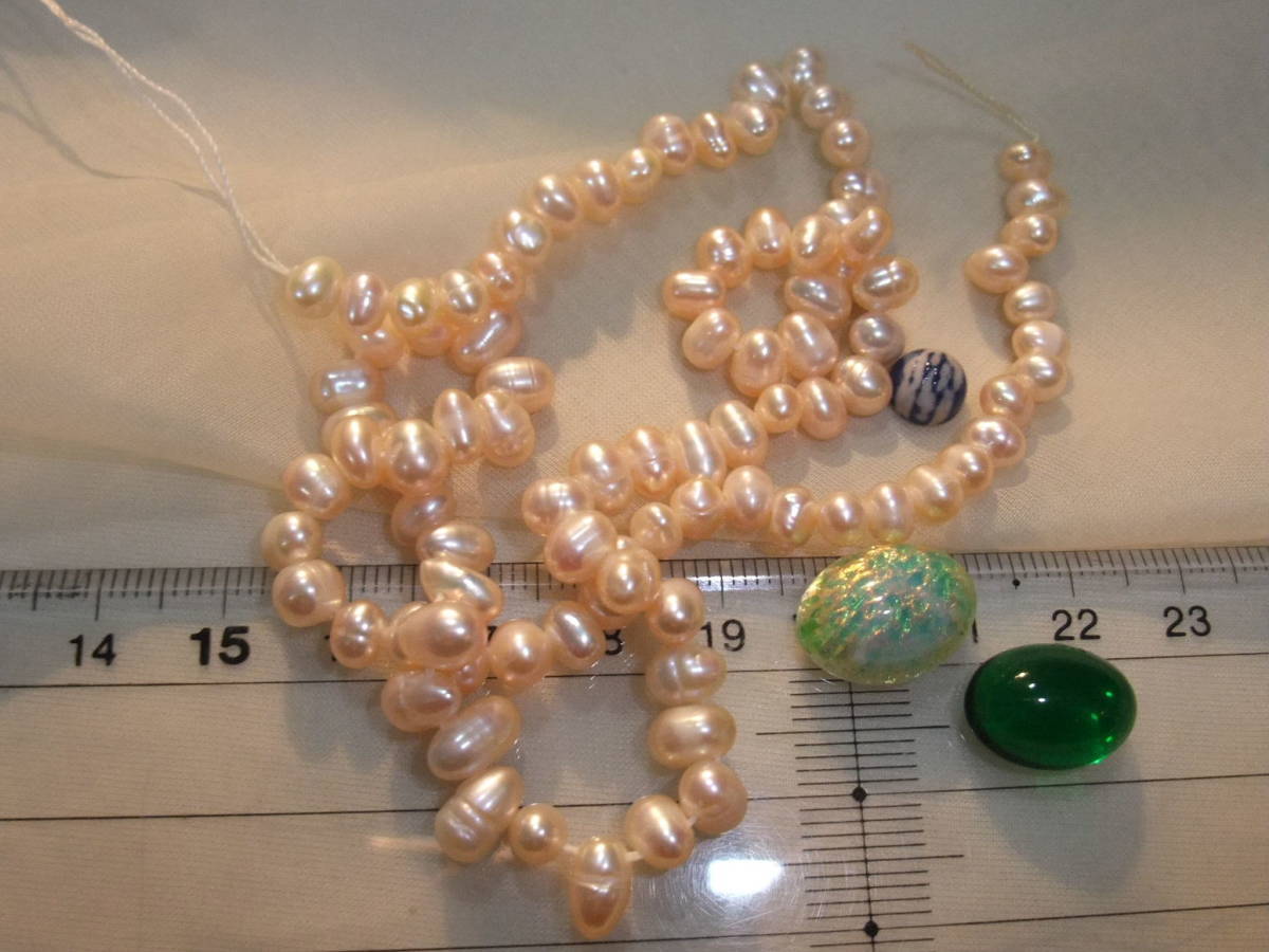 69-4淡水真珠本物パール連材1本B品とオールドグラスパーツビンテージグラスカボッション等セット②_画像2