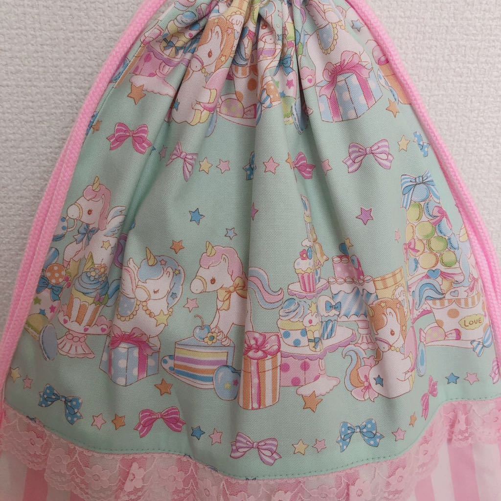 ♪ハンドメイド ナップサック♪ユニコーンとスイーツパーティー×ミントグリーン♪お着替え袋 体操服袋 持ち手付き 体操着入れ_画像2