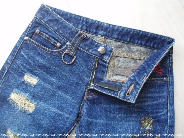 美品 roen jeans WOMAN “skull swarovski denim pt” スカル スワロフスキー デニム パンツ XS ロエン_画像4