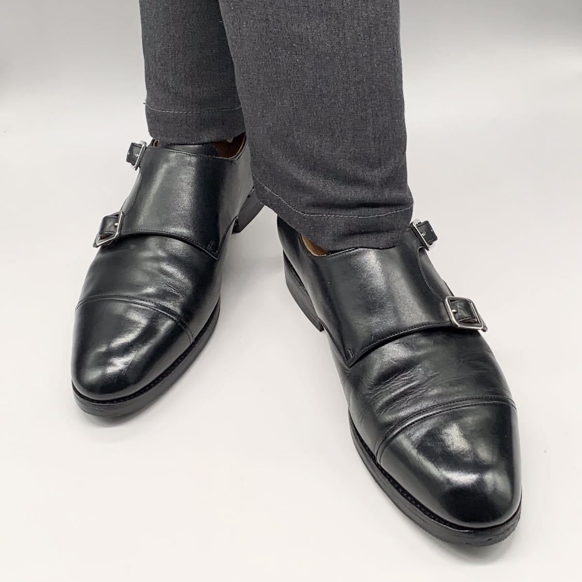 MEERMIN (メルミン) ドレスシューズ ダブルモンク ストラップ ストレートチップ レザー ブラック 黒 UK6.5 25cm 革靴 メンズ