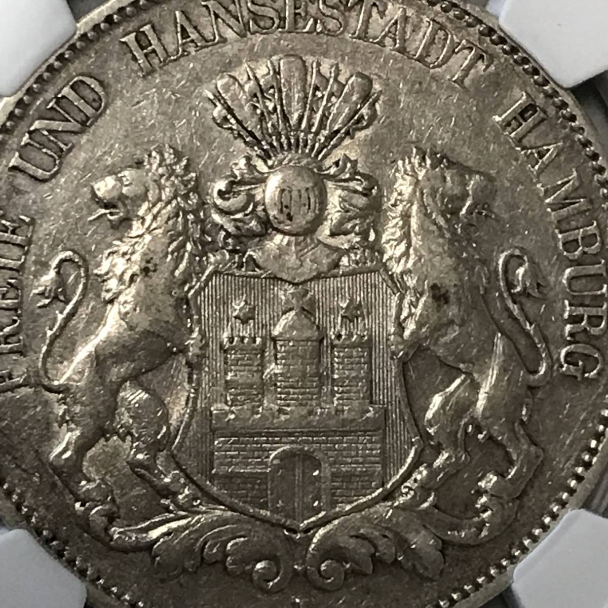 ★1899 ドイツ ハンブルク 5マルク銀貨 都市紋章 NGC XF 45_画像8