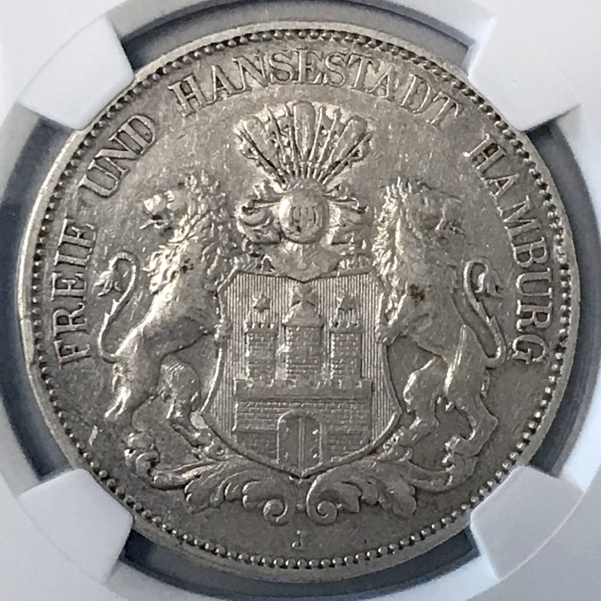 ★1899 ドイツ ハンブルク 5マルク銀貨 都市紋章 NGC XF 45