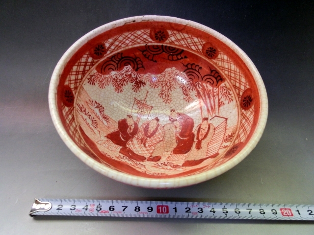 鉢□赤絵 古九谷 唐人物絵 高台鉢 古い杯洗 九谷造 菓子器(江戸後期