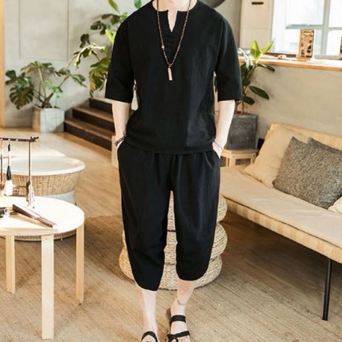 セットアップ リネン コットン 綿 麻 Tシャツ ハーフパンツ 黒 甚平 ルームウェア 七分袖 部屋着 上下セット サルエルパンツ