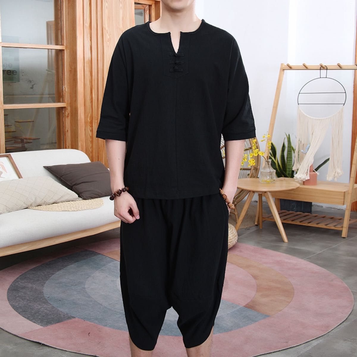 セットアップ リネン コットン 綿 麻 Tシャツ ハーフパンツ 黒 甚平 ルームウェア 七分袖 部屋着 上下セット サルエルパンツ