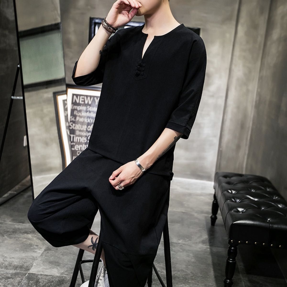 セットアップ リネン コットン 綿 麻 Tシャツ ハーフパンツ 黒 甚平 ルームウェア 七分袖 部屋着 上下セット サルエルパンツ