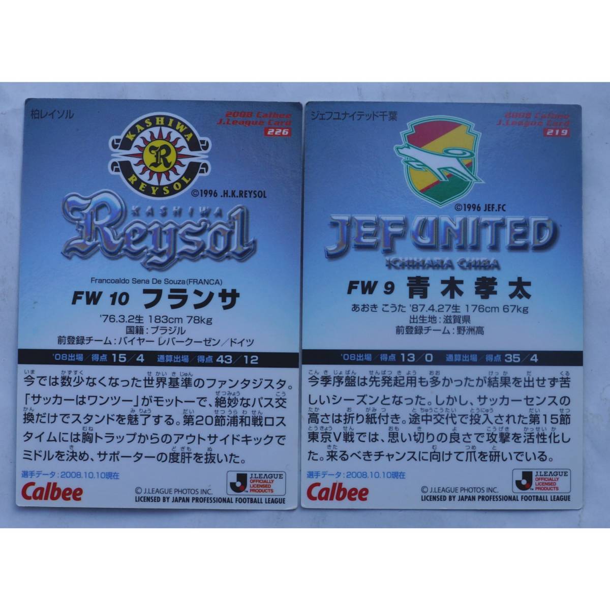 2008 J. LEAGUE б/у коллекционные карточки 2 листов FRANCA & Aoki . futoshi ( #643 )