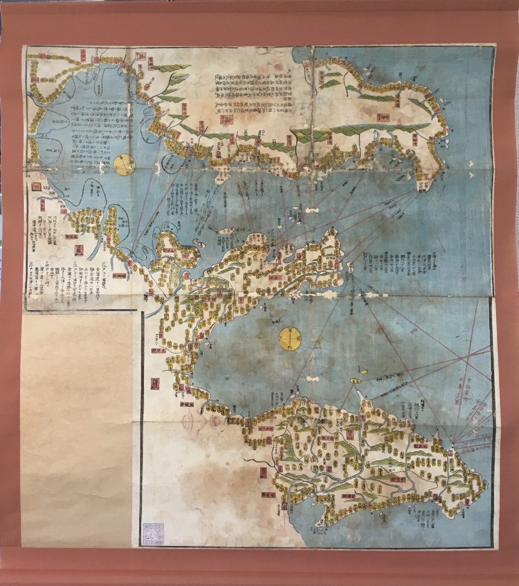 最も 古地図『江戸期 東京湾・千葉・伊豆 彩色木版地図』 掛け軸 古