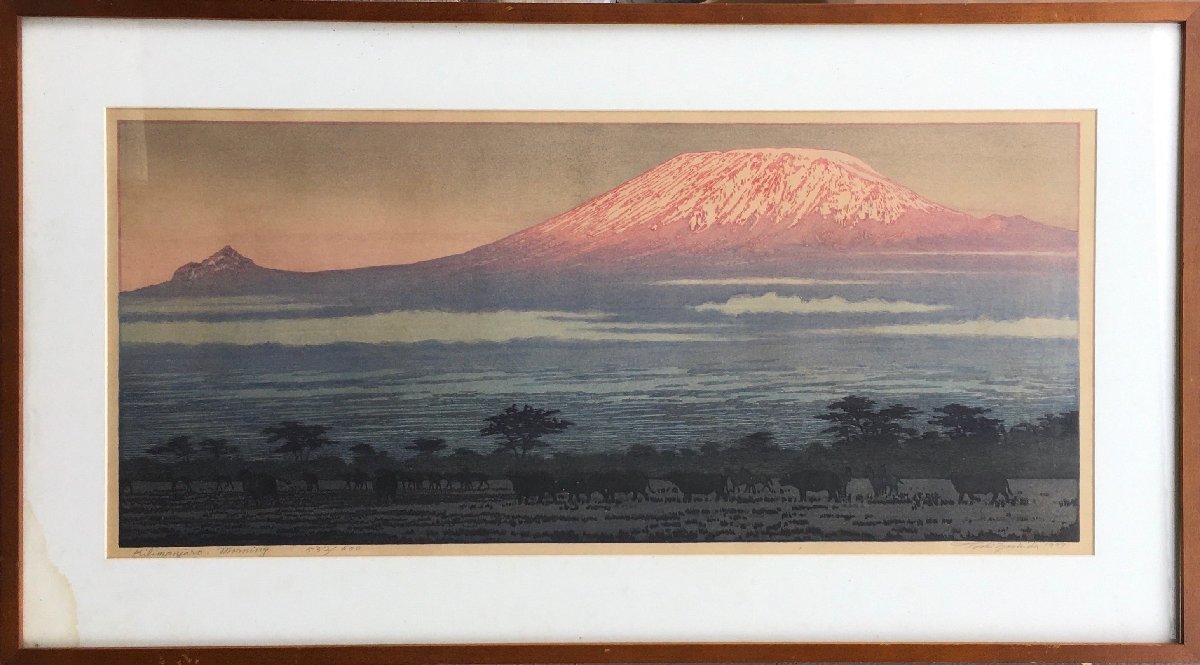  genuine work guarantee goods [ Yoshida .. large size hand .. woodblock print Kilimanjaro. morning limitation 532/600 part ] Showa era 52 year frame autograph autograph * edition * title go in 