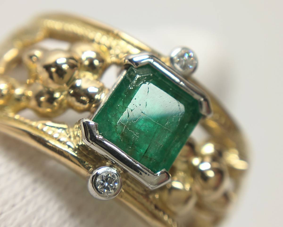 K18/Pt900 天然エメラルド/ダイヤ0.03ct リング 13号 8.1g H0.5×W0.5cm