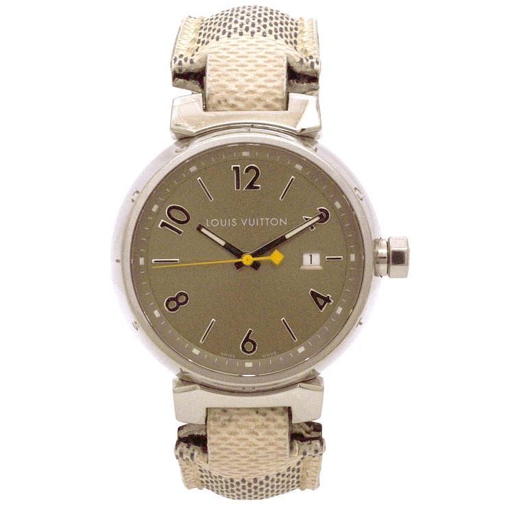 ルイ ヴィトン 腕時計 タンブール ブラウン シルバー ホワイト グレー ダミエ アズール柄 Q1112 時計 メンズ