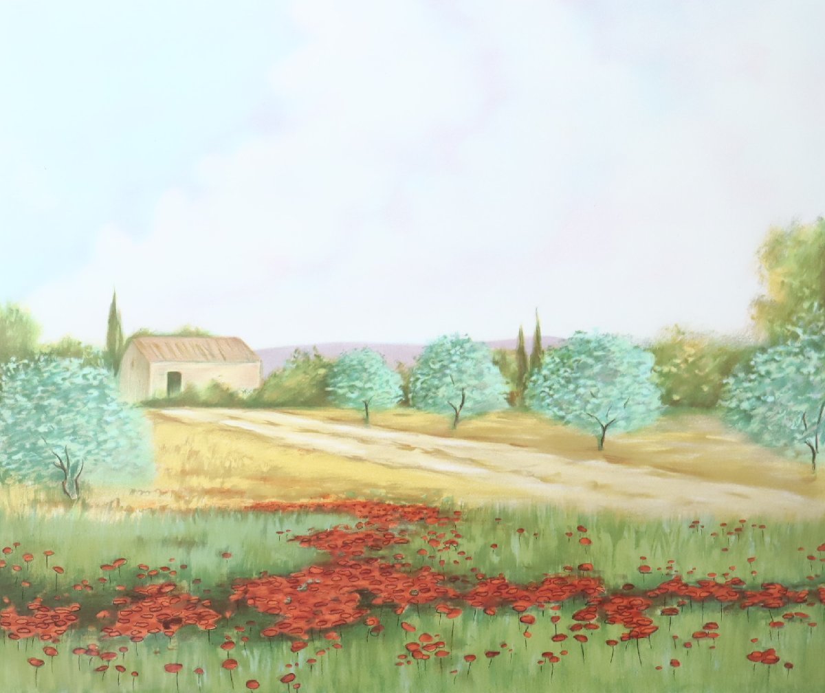 ウィリアム・フォンテーヌ 「ひなげし畑」 87/250 カラーリトグラフ 大型額装品 / Willam Fonteyne 花のある風景画_画像1