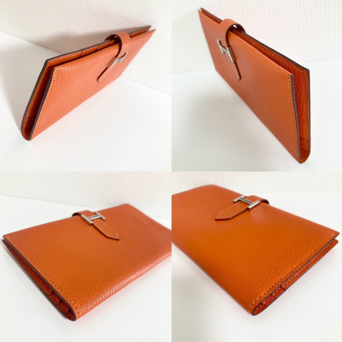 HERMES シェーブル ベアンスフレ シルバー金具 □H オレンジ 長財布_画像3