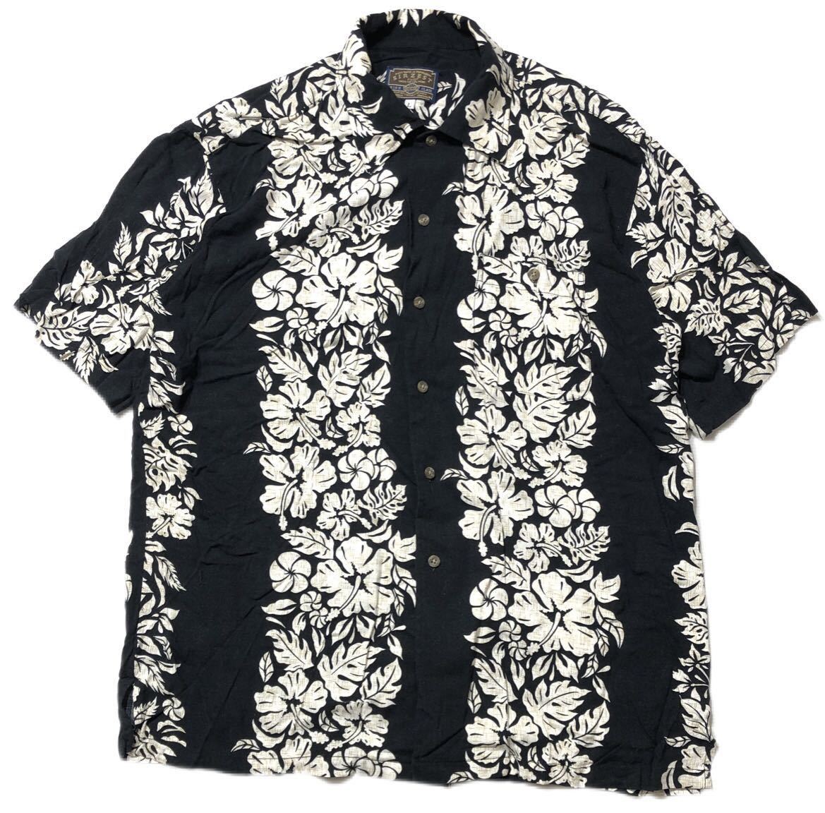 ● SIRZEST ● ハワイアン ハイビスカス ボーダーパターン レーヨン 半袖 アロハシャツ ブラック L_画像2