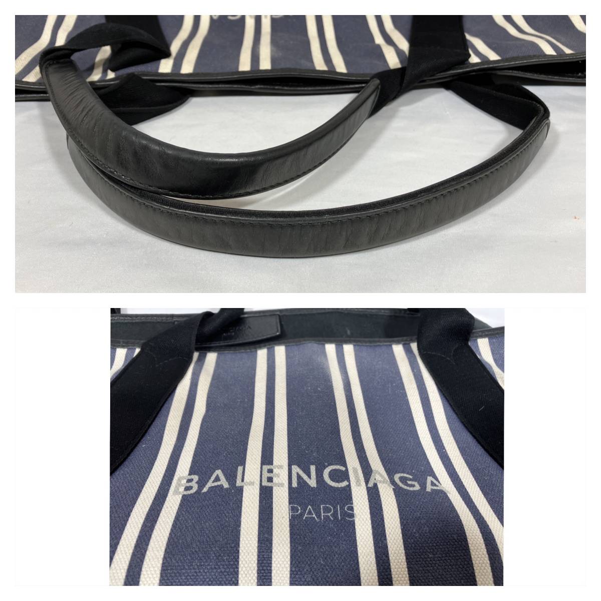 5D0202[ подлинный товар гарантия ] Balenciaga темно-синий бегемот M плечо большая сумка полоса парусина кожа сумка имеется Logo BALENCIAGA