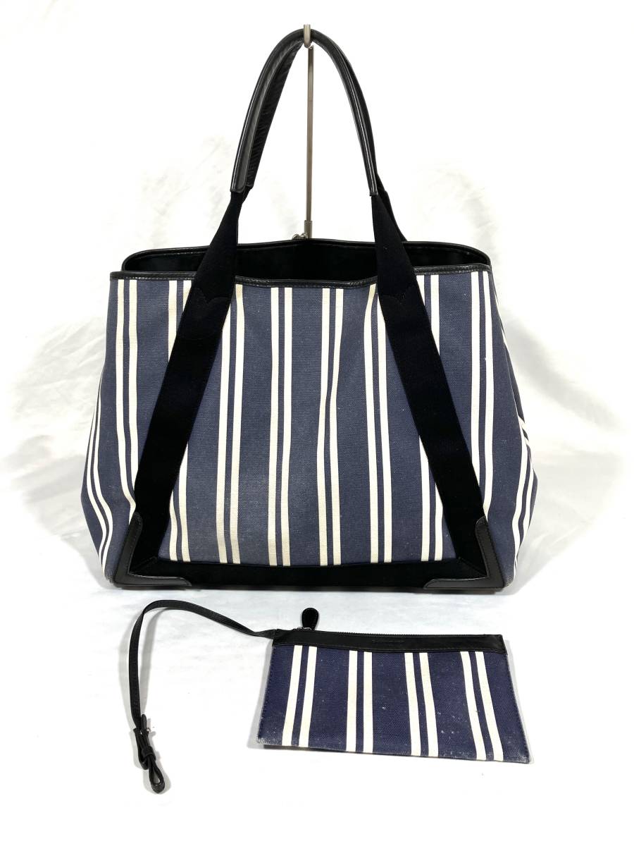 5D0202[ подлинный товар гарантия ] Balenciaga темно-синий бегемот M плечо большая сумка полоса парусина кожа сумка имеется Logo BALENCIAGA