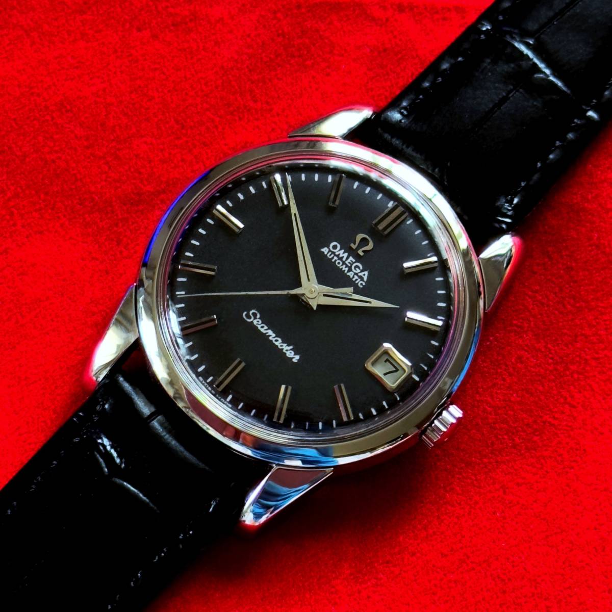 送料無料！ OH済 オメガ シーマスター 1967年 cal.565 OMEGA Seamaster 自動巻き 黒 アンティーク メンズ腕時計 昭和レトロ オーバーホール_文字盤はマットブラックです