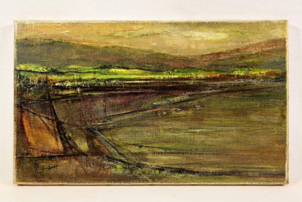 真作 赤路栄三 1969年油彩「新和歌浦風景」画寸 45.5×27.5cm M8 大阪府出身 日本美術家連盟会員 深みのある色調、詩情溢れる漁村風景 7331_画像2