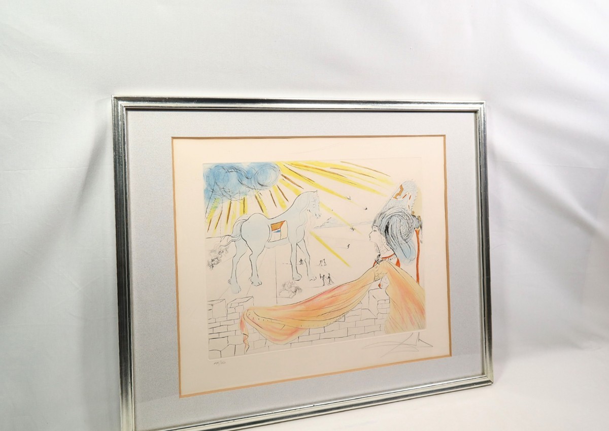 真作 サルバドール・ダリ 1974年銅版画 手彩色「ヘレンとトロイの木馬