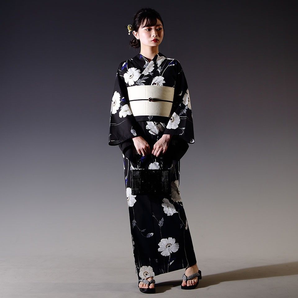 【浴衣3点セット】黒咲花 フリーサイズ 新品未使用品