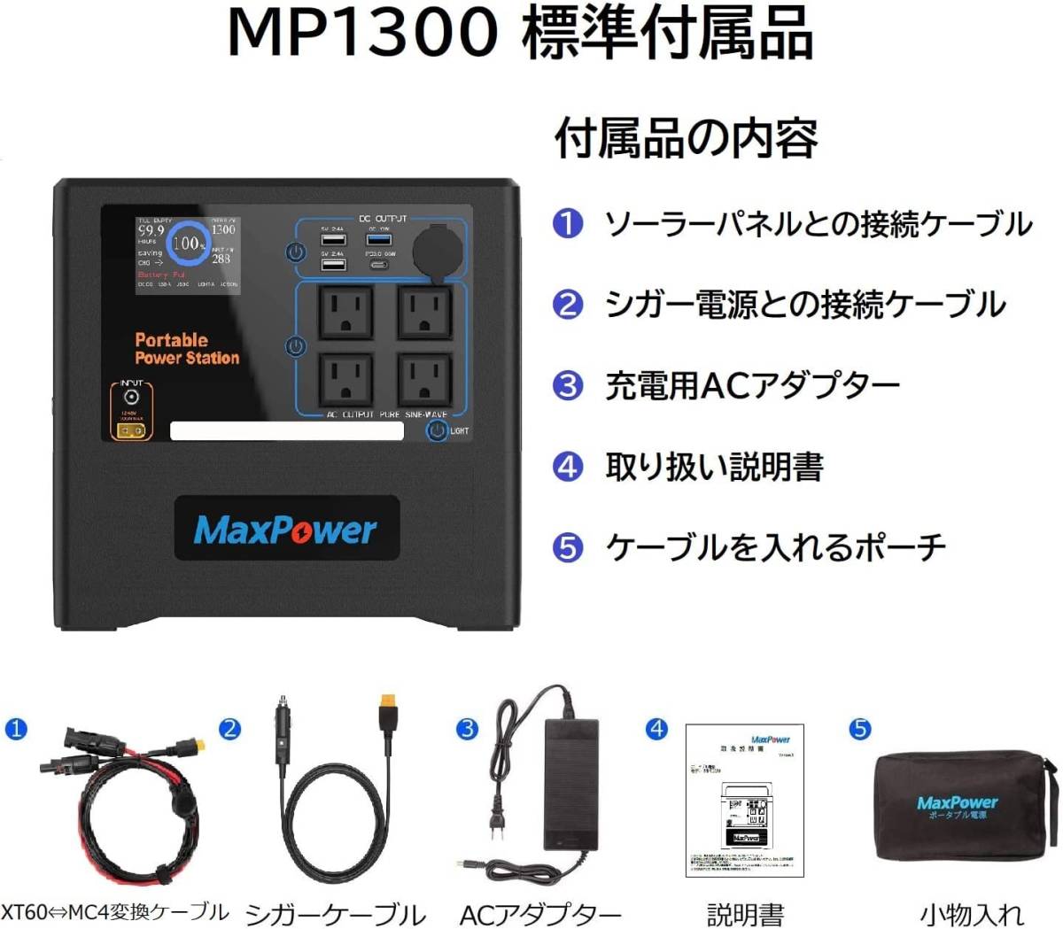 MaxPower MP1300 静音/軽量 ポータブル電源 313500mAh/1160Wh 超速充電 AC1300W(最大1500W) 純正弦波 PSE Type-C 300Wソーラー充電 50/60Hz_画像2