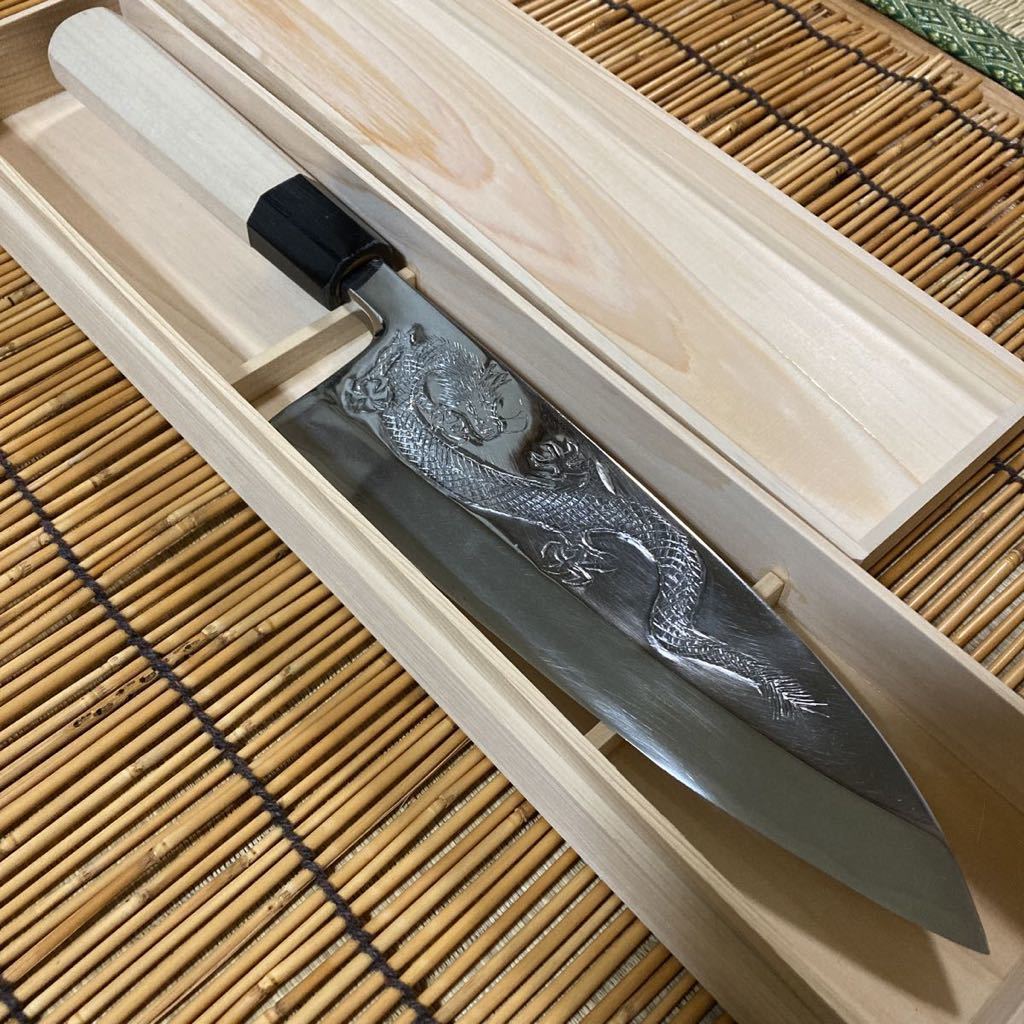 龍の彫刻　和包丁　鏡面 Japanese kitchen knife art sculpture