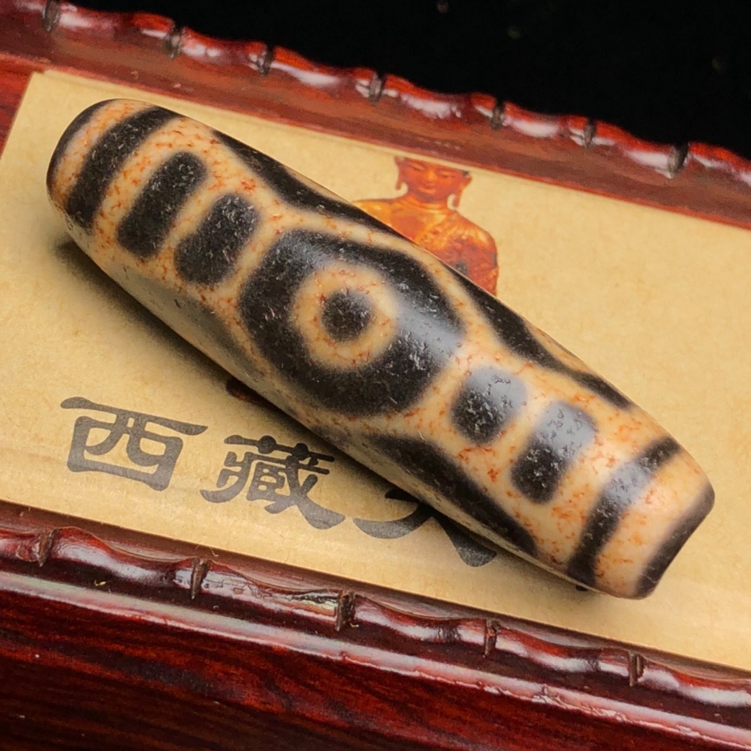 清・古龍眼六眼天珠・滿朱砂・鏈付・箱付』極細工・骨董品・古賞物