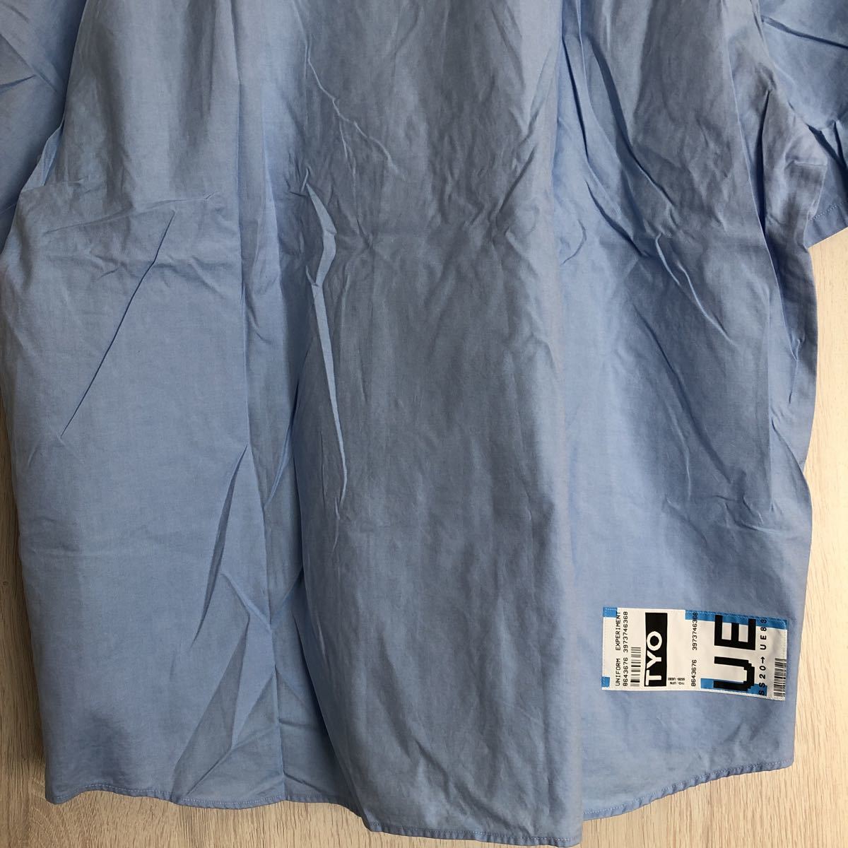 (k) uniforme experiment BAGGAGE TAG B.D.SHIRT 半袖シャツ サイズ2 青 ブルー コットン 日本製 メンズ _画像7