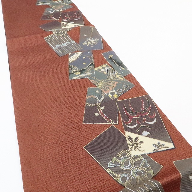 ゆめsaku2 新品 両面使い 着物“隈取に和傘、蝶に軍配、桜...風雅に幕を上げる紅鳶色の舞台”正絹 袋帯 1309_画像3