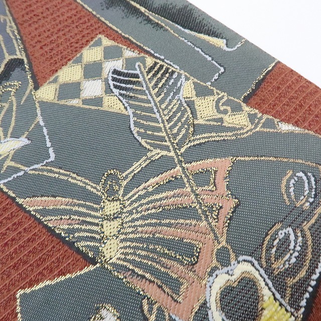ゆめsaku2 新品 両面使い 着物“隈取に和傘、蝶に軍配、桜...風雅に幕を上げる紅鳶色の舞台”正絹 袋帯 1309_画像5