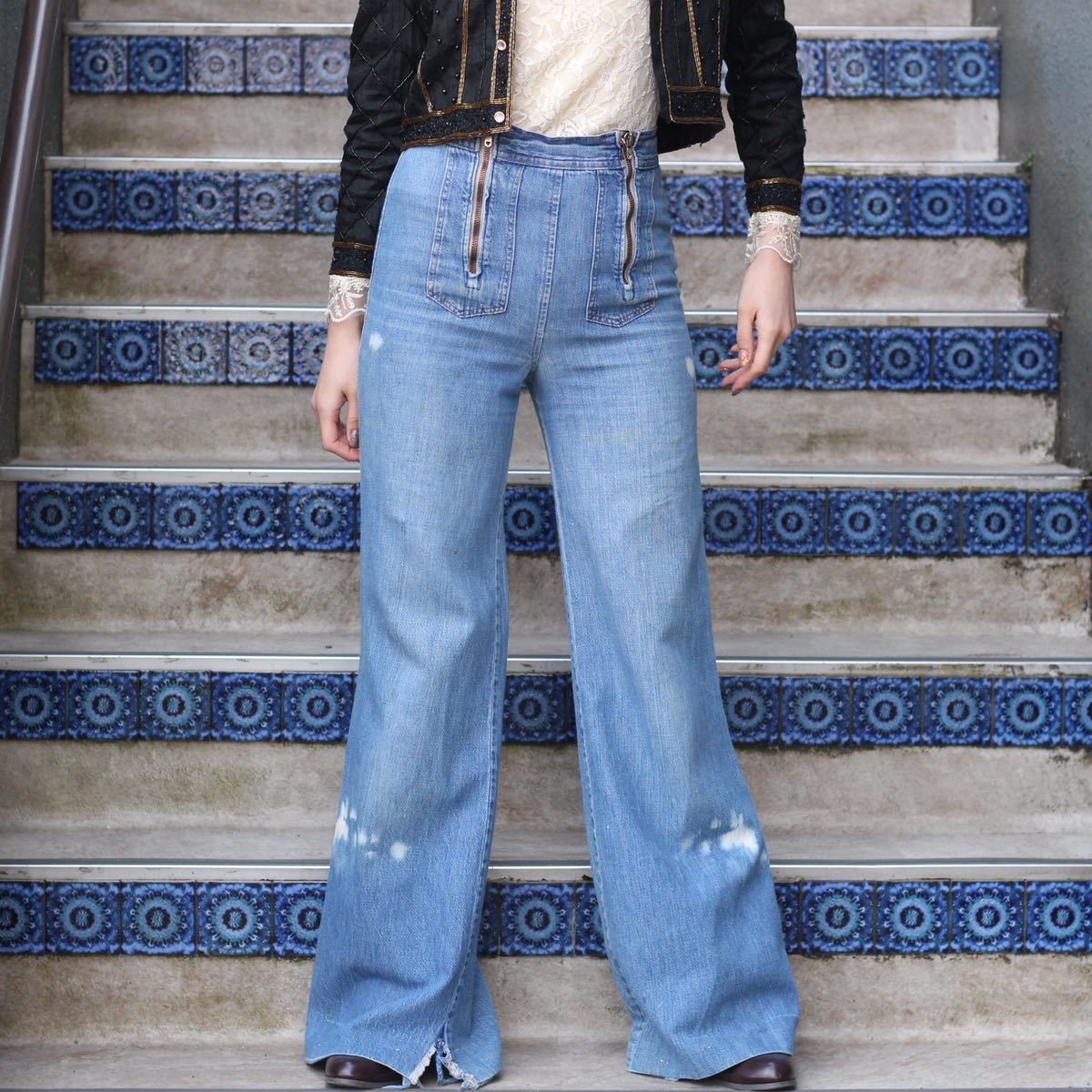 USA VINTAGE DOUBLE ZIP DESIGN DENIM FLARE PANTS/アメリカ古着ダブルジップデザインフレアデニムパンツ_画像1