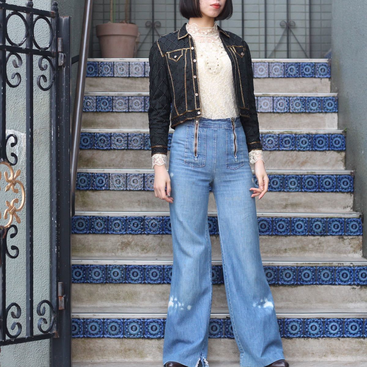 USA VINTAGE DOUBLE ZIP DESIGN DENIM FLARE PANTS/アメリカ古着ダブルジップデザインフレアデニムパンツ_画像2