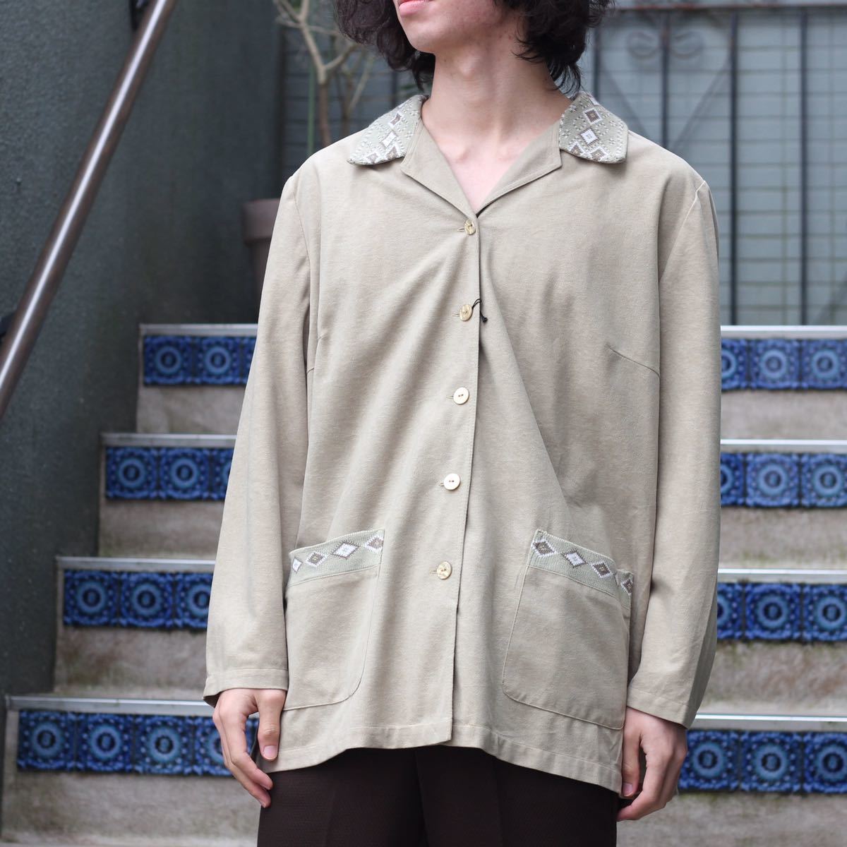 EU VINTAGE Daxon KNIT SWITCHED OPEN COLLAR SHIRT JACKET/ヨーロッパ古着ニット切替オープンカラーシャツジャケット_画像2