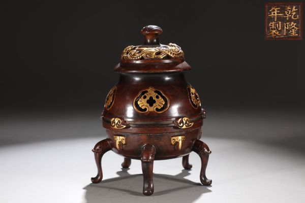 【瓏】古銅鏨刻彫 塗金帝王炉 清代 乾隆年製 古置物擺件 銅器 中国古賞物 蔵出