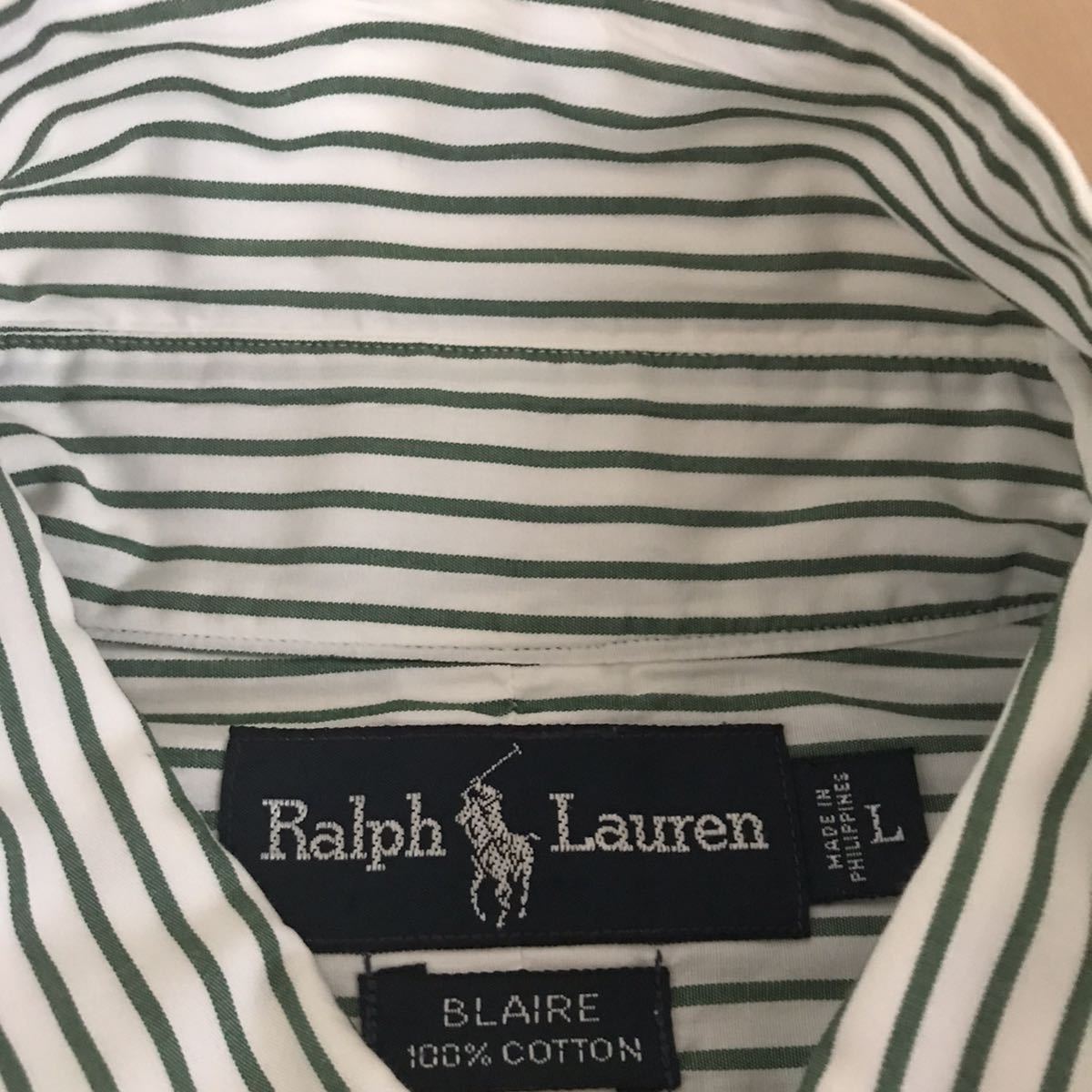 美品☆ Ralph Laurenラルフローレン ストライプボタンダウンシャツ グリーン系 コットン100% メンズＬサイズ 長袖シャツ_画像4