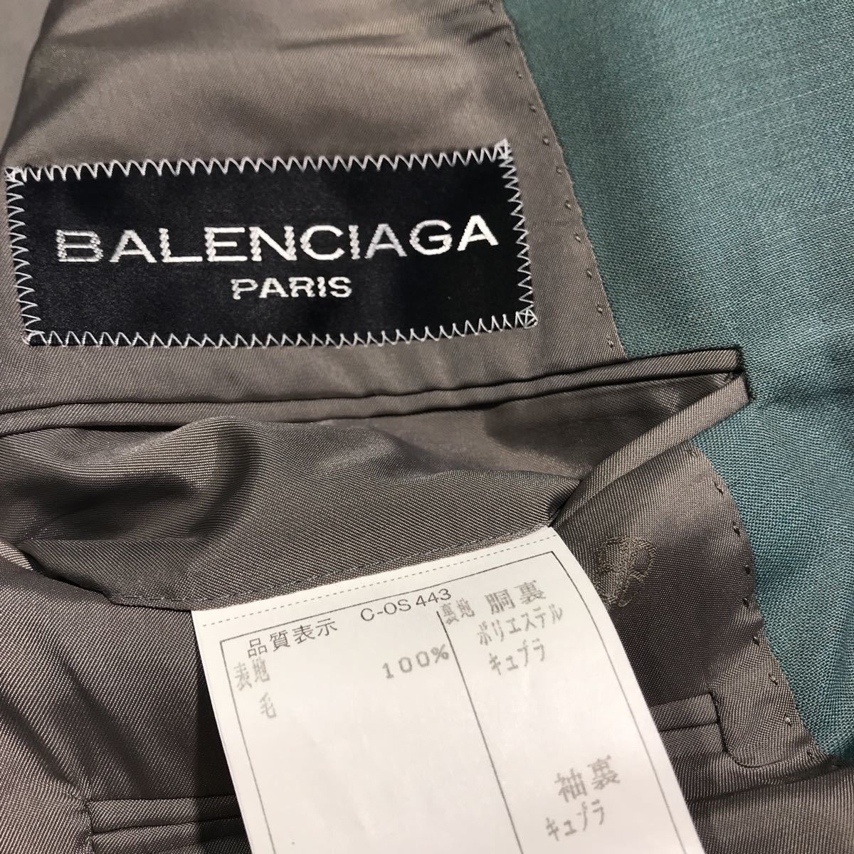 新品タグ付きBALENCIAGA Parisビンテージ2つボタンテーラードジャケット　サイズA6 コバルトグリーン系玉虫カラー　日本製メリノウール100%_画像7