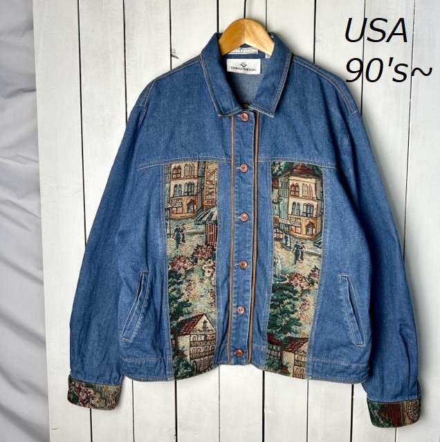 USA古着 90s～ ゴブラン織り切替え デニムジャケット L～XL オールド ヴィンテージ アメリカ古着 薄手 ライトアウター ●103_画像1