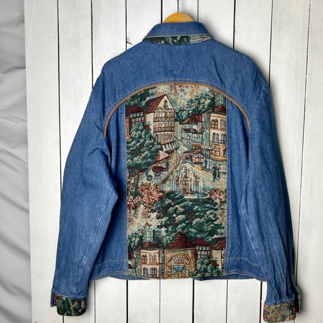 USA古着 90s～ ゴブラン織り切替え デニムジャケット L～XL オールド ヴィンテージ アメリカ古着 薄手 ライトアウター ●103_画像2